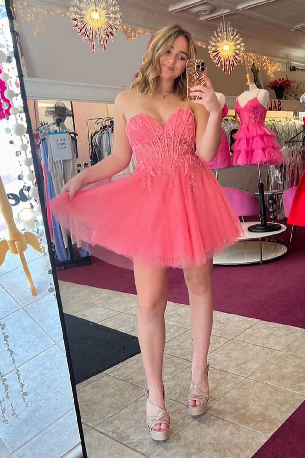 A-Line Pink Homecoming Dresses Sweetheart Corset Tulle Short Cocktail Dresses with Appliques