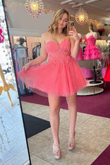 A-Line Pink Homecoming Dresses Sweetheart Corset Tulle Short Cocktail Dresses with Appliques