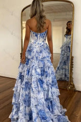 A Line Prom Dress Pink Sweetheart Corset Floral Tiered Long Formal Evening Dress