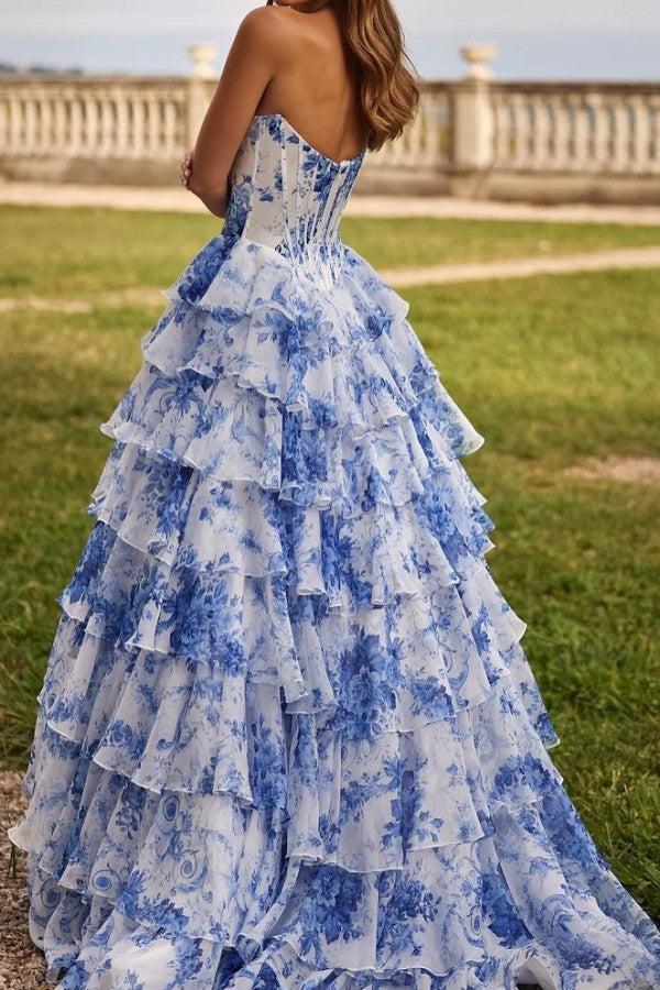 A Line Prom Dress Pink Sweetheart Corset Floral Tiered Long Formal Evening Dress