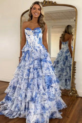 A Line Prom Dress Pink Sweetheart Corset Floral Tiered Long Formal Evening Dress