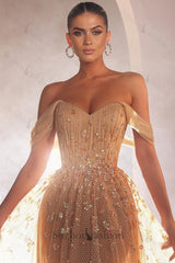 A Line Prom Dress Off The Shoulder Tulle Beading Sleeveless Formal Dress
