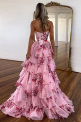 A Line Prom Dress Pink Sweetheart Corset Floral Tiered Long Formal Evening Dress