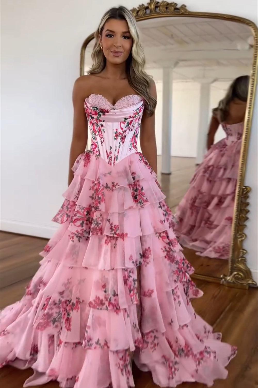 A Line Prom Dress Pink Sweetheart Corset Floral Tiered Long Formal Evening Dress