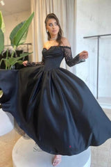 A Line Prom Dress Satin Long Sleeve Black Formal Dress With Appliques
