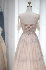 A Line Prom Dress Spaghetti Straps Evening Formal Dress Tulle With Diamond Appliques