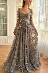 A Line Prom Dress Square Neck 3D Flowers Beaded Formal Dress With Sleeves