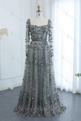 A Line Prom Dress Square Neck 3D Flowers Beaded Formal Dress With Sleeves