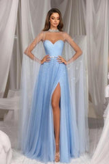 A Line Prom Dress Tulle Sweetheart Sleeveless Blue Formal Dress With Slit