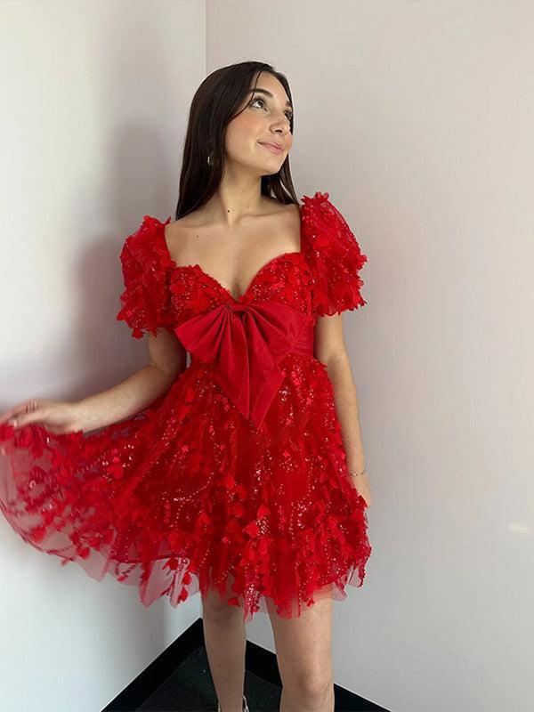 A-Line Puff Sleeves Short Tulle Homecoming Dress With Bowknot