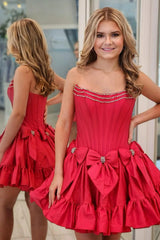 A Line Red Homecoming Dresses Strapless Corset Short Cocktail Dresses With Bows
