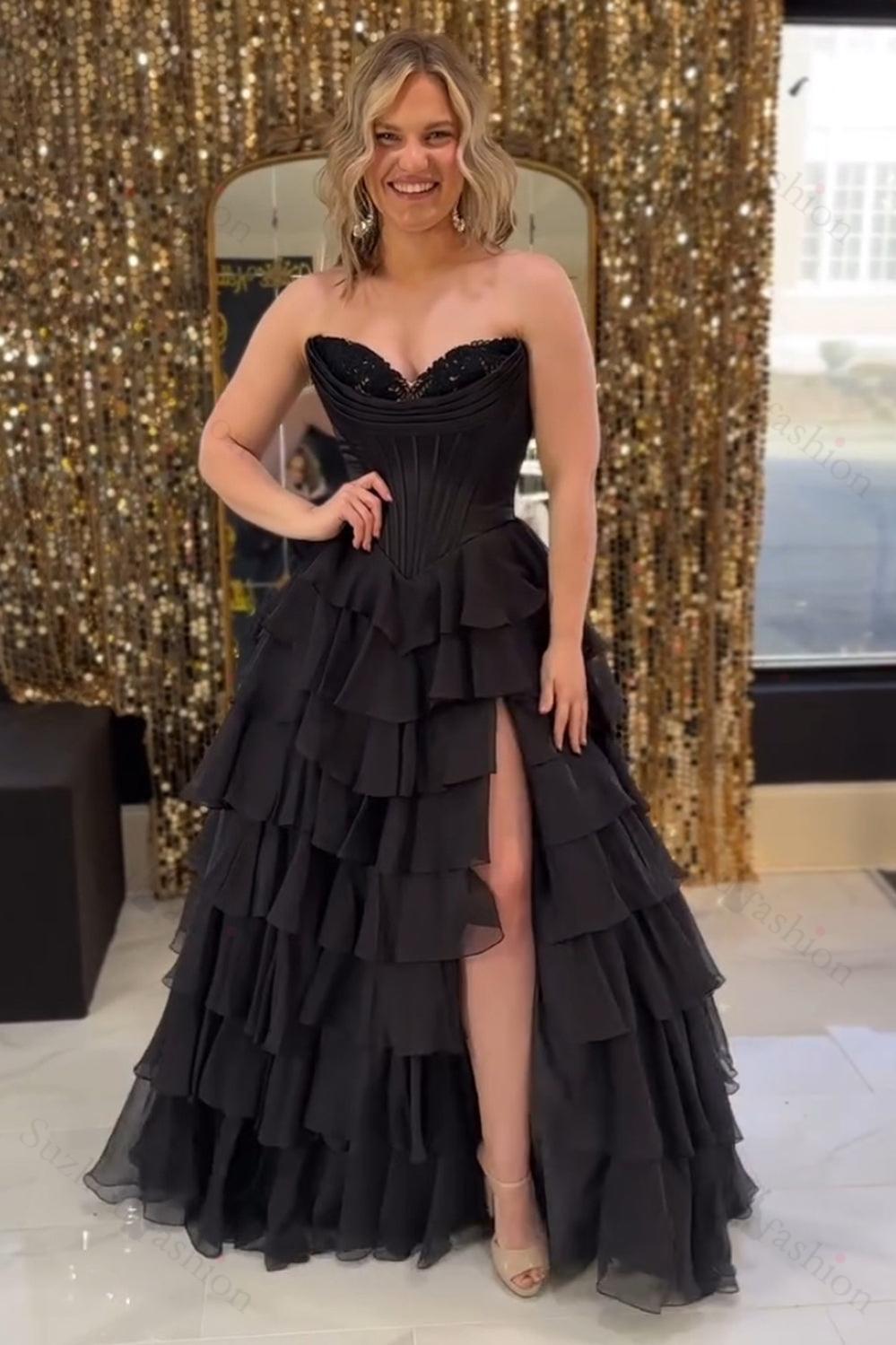 A Line Red Prom Dress Sweetheart Ruffled Long Formal Dress With Slit