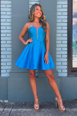 A-Line Royal Blue Homecoming Dresses Strapless Corset Short Cocktail Dresses with Sleeves