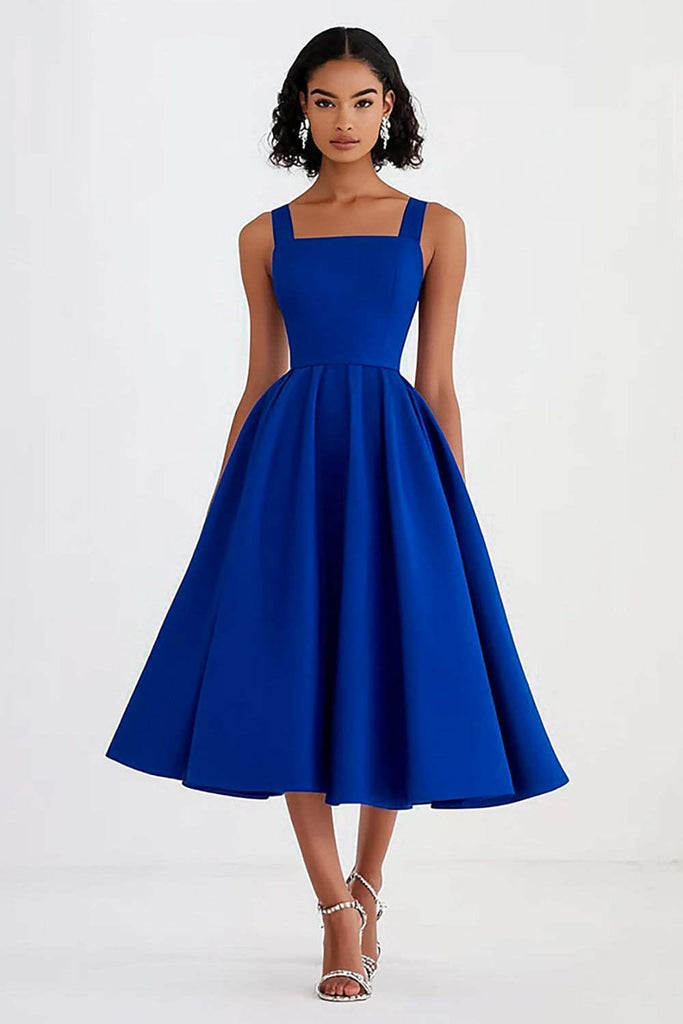 Suzhoufashion A Line Royal Blue Wedding Guest Dress Square Neck Knee-Length Formal Dress