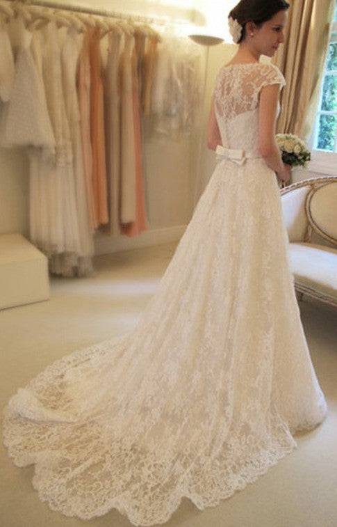 A-Line Short Sleeve Court Train Wedding Dress New Arrival Bowknot Custom Made Bridal Gown