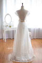 A-Line Short Sleeve Empire Beach Bridal Dress Open Back Lace Floor Length Beach Wedding Dresses
