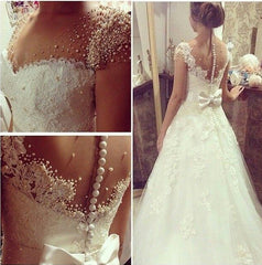 A-Line Short Sleeve Lace Wedding Dresses with Crystals Elegant Bowknot Bridal Gowns