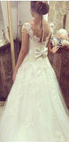A-Line Short Sleeve Lace Wedding Dresses with Crystals Elegant Bowknot Bridal Gowns
