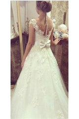 A-Line Short Sleeve Lace Wedding Dresses with Crystals Elegant Bowknot Bridal Gowns