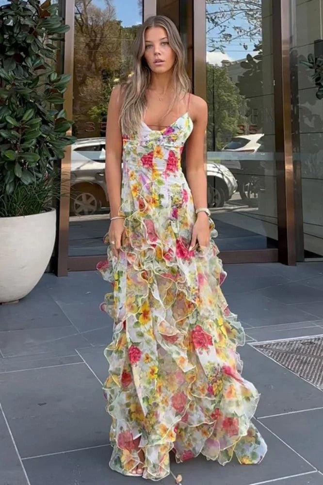 Suzhoufashion A Line Spaghetti Straps Blue Floral Printed Long Party Dress Formal Evening Gown