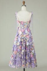 A Line Spaghetti Straps Purple Homecoming Dresses Tea Length Prom Dress with 3D Flowers