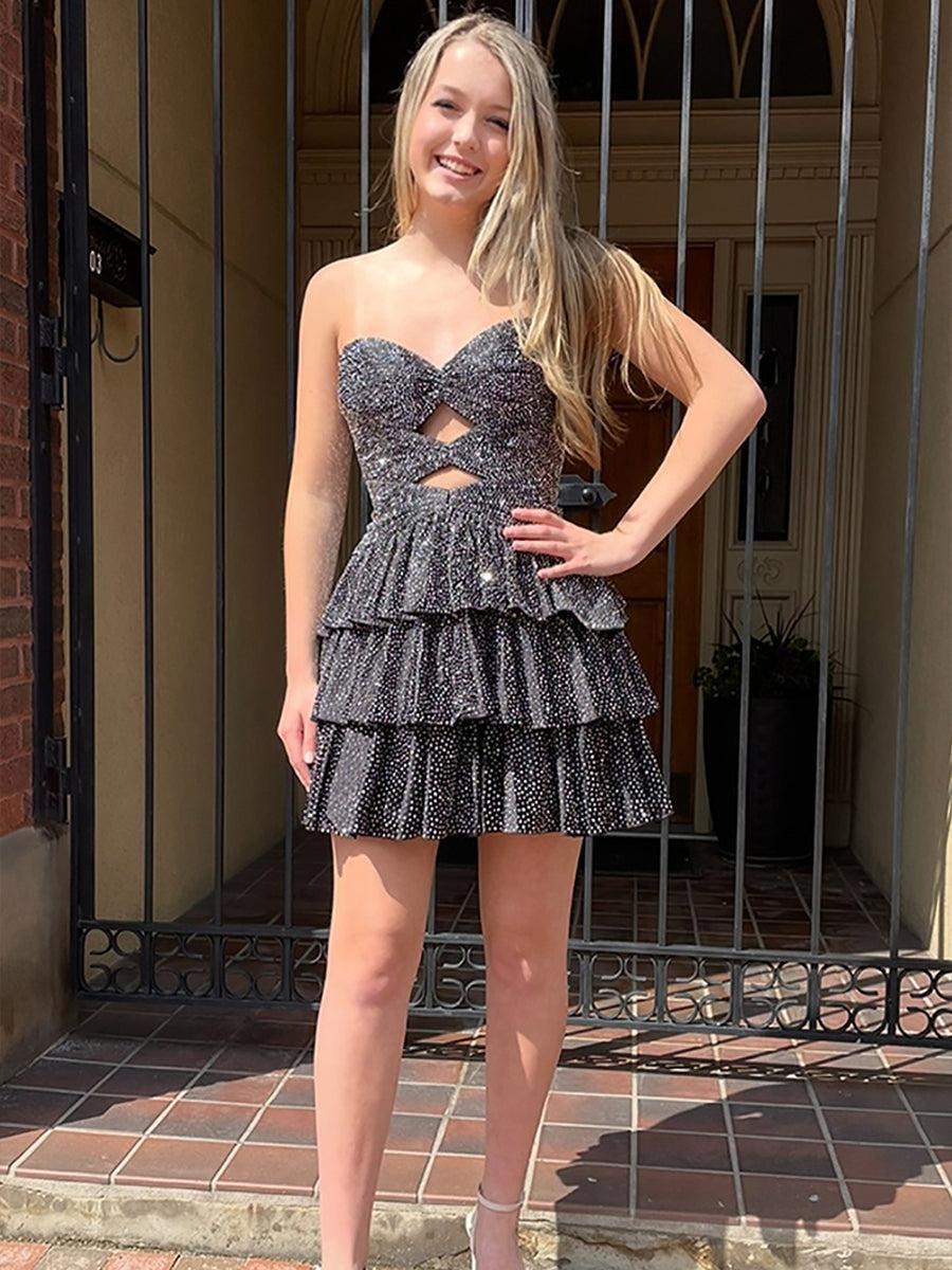 A Line Strapless Sweetheart Satin Homecoming Dress with Keyhole