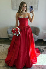 A Line Sweetheart Red Corset Prom Dress With Beading Formal Evening Gown
