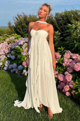 A Line Sweetheart White Long Prom Dress With Ruffles Split Front Formal Evening Gown