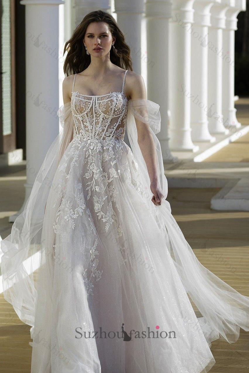 A Line Tulle Lace Spaghetti Straps Long Sleeve White Wedding Dress Bridal Gown With Appliques