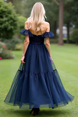 A Line Tulle Navy Wedding Guest Dress Sweetheart Ankle-Length Formal Dress