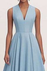 A Line V Neck Blue Wedding Guest Dress Tea Length Formal Dress