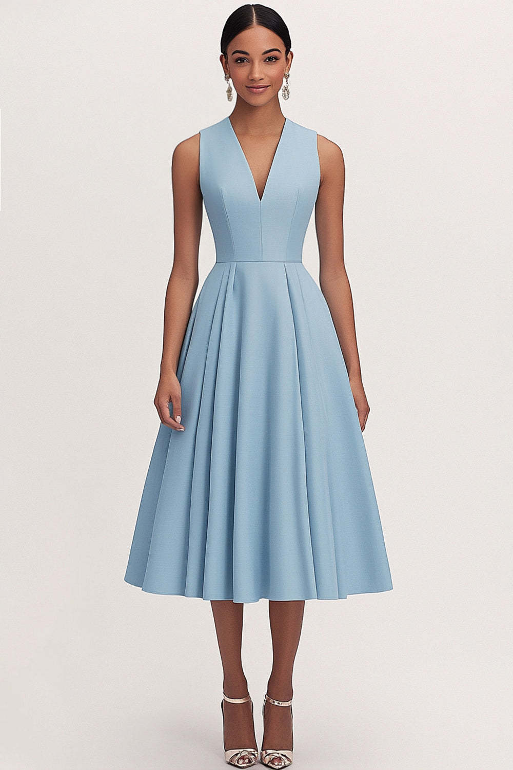 Suzhoufashion A Line V Neck Blue Wedding Guest Dress Tea Length Formal Dress suzhoufashion Suzhoufashion A Line V Neck Blue Wedding Guest Dress Tea Length Formal Dress suzhoufashion