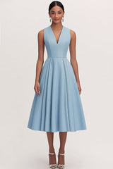 A Line V Neck Blue Wedding Guest Dress Tea Length Formal Dress