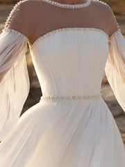 A-Line Wedding Dress Jewel Lace Chiffon Over Satin Long Sleeves Bridal Gowns Country See-Through with Sweep Train