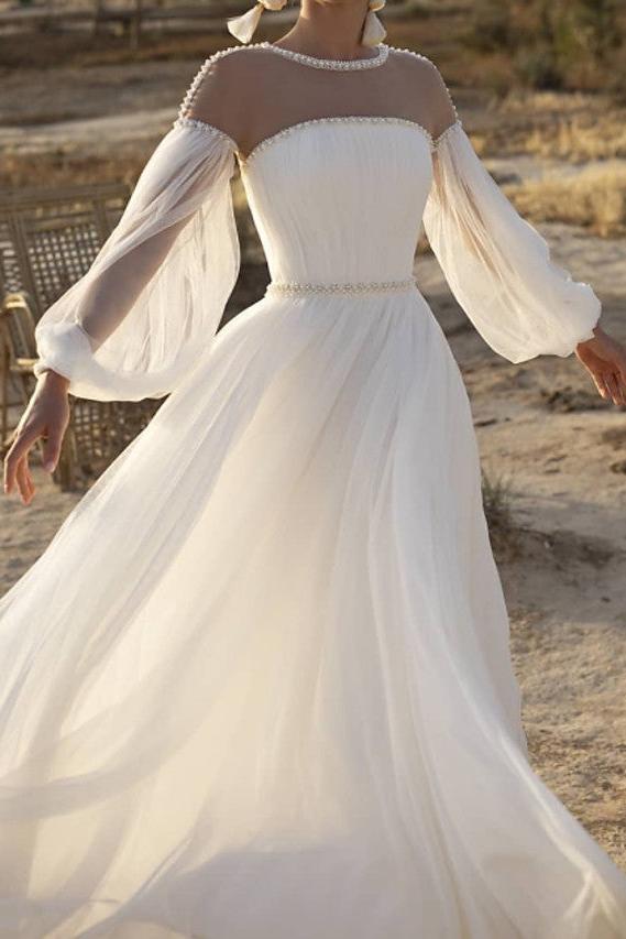 A-Line Wedding Dress Jewel Lace Chiffon Over Satin Long Sleeves Bridal Gowns Country See-Through with Sweep Train