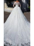 A-Line Wedding Dress Off Shoulder Lace Half Sleeve Bridal Gowns with Chapel Train