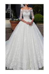 A-Line Wedding Dress Off Shoulder Lace Half Sleeve Bridal Gowns with Chapel Train