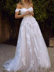 A-Line Wedding Dress Off Shoulder Lace Short Sleeve Bridal Gowns Country Plus Size with Sweep Train
