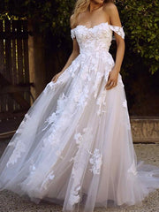 A-Line Wedding Dress Off Shoulder Lace Short Sleeve Bridal Gowns Country Plus Size with Sweep Train