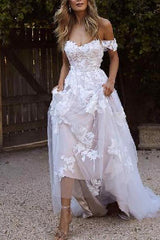 A-Line Wedding Dress Off Shoulder Lace Short Sleeve Bridal Gowns Country Plus Size with Sweep Train