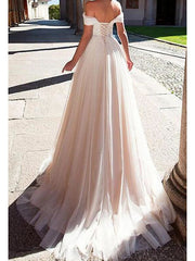 A Line Wedding Dress Off Shoulder Lace Tulle Short Sleeve Bridal Gowns with Sweep Train