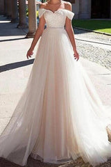 A Line Wedding Dress Off Shoulder Lace Tulle Short Sleeve Bridal Gowns with Sweep Train