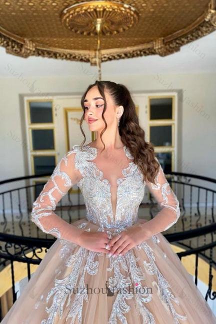 A Line Wedding Dress Tulle Lace V Neck Long Sleeve Long Bridal Gown With Appliques Ruffles