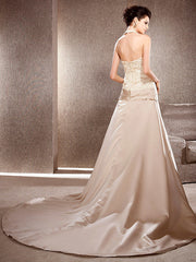 A Line Wedding Dress V Neck Lace Satin Sleeveless Bridal Gowns with Chapel Train