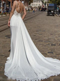 A-Line Wedding Dress V-neck Chiffon Lace Sleeveless Bridal Gowns Beach Sexy See-Through with Court Train
