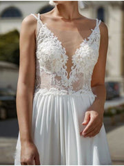 A-Line Wedding Dress V-neck Chiffon Lace Sleeveless Bridal Gowns Beach Sexy See-Through with Court Train