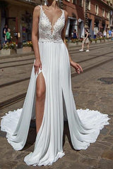 A-Line Wedding Dress V-neck Chiffon Lace Sleeveless Bridal Gowns Beach Sexy See-Through with Court Train