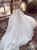 A-Line Wedding Dress V-neck Lace Tulle Cap Sleeve Bridal Gowns with Court Train