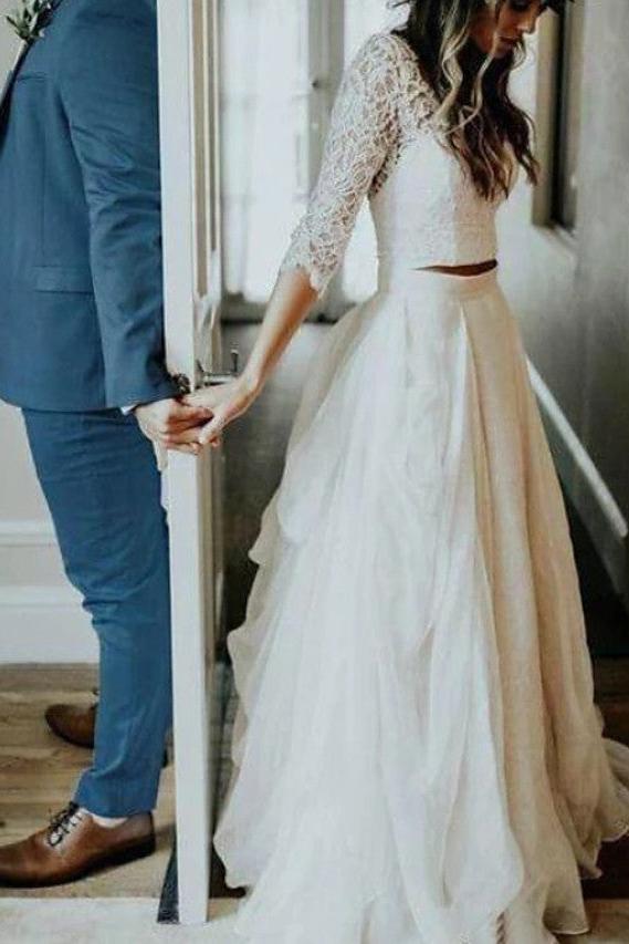 A-Line Wedding Dress V-neck Tulle 3/4 Length Sleeve Bridal Gowns See-Through Illusion Detail with Sweep Train