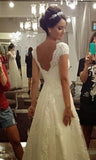 A-Line White Lace Long Wedding Dress with Beadings Elegant Applique Short Sleeve Zipper Bridal Gown